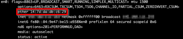 ifconfig output on MacOS showing physical address